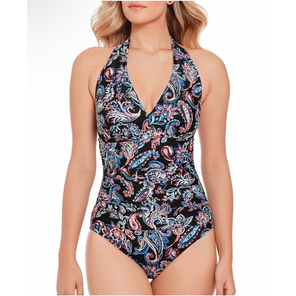 Time&Tru Womens Carnival Paisley Halter Multicolor‎ One Piece Swimsuit Small NWT